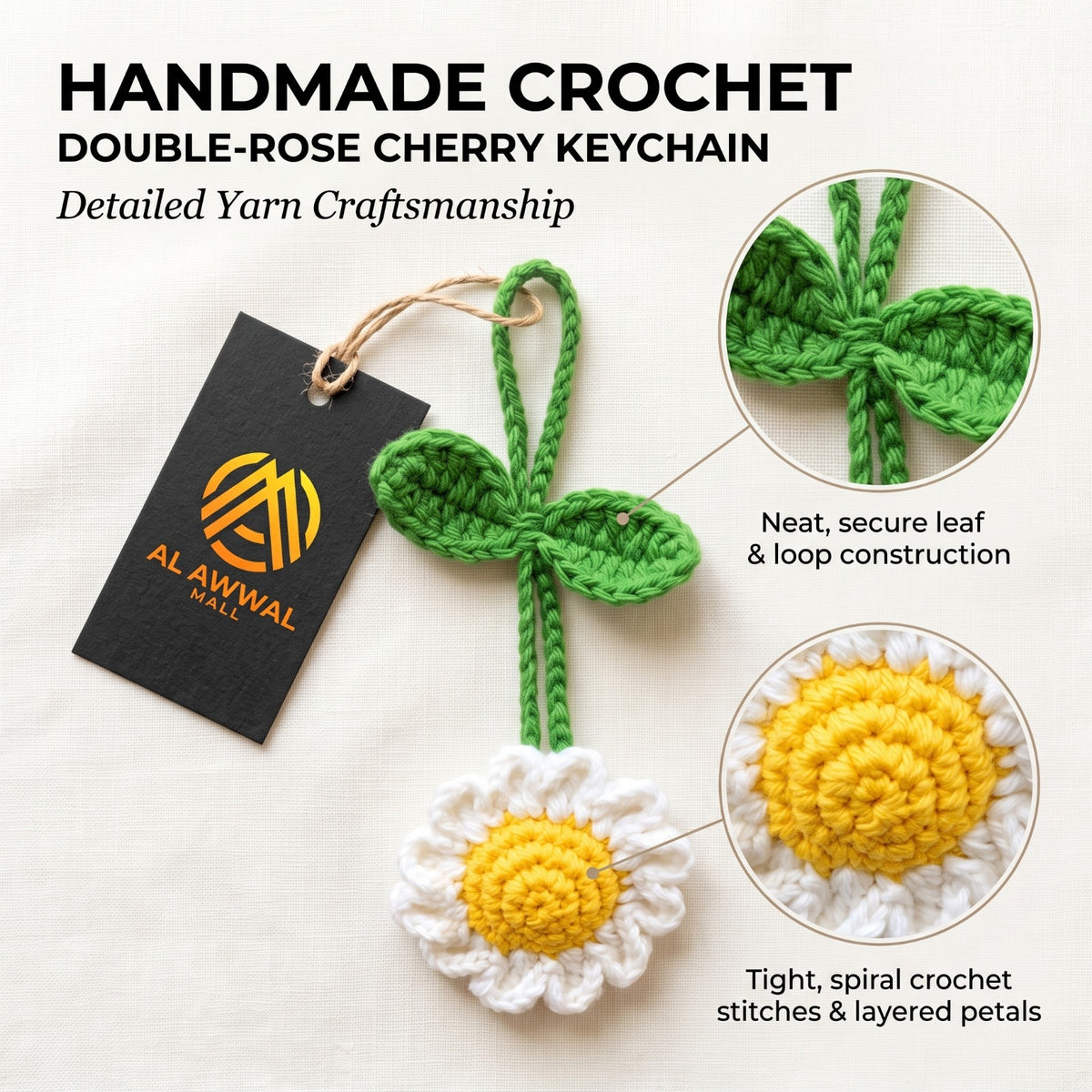Handmade Crochet Daisy Flower Bag Charm with White Petals and Yellow Center