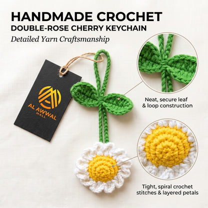 Handmade Crochet Daisy Flower Bag Charm with White Petals and Yellow Center