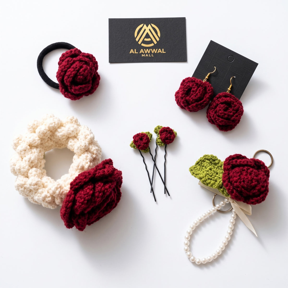 Handmade Crochet Bridal Jewelry Set with Floral Hair Accessories, Earrings and Bracelet