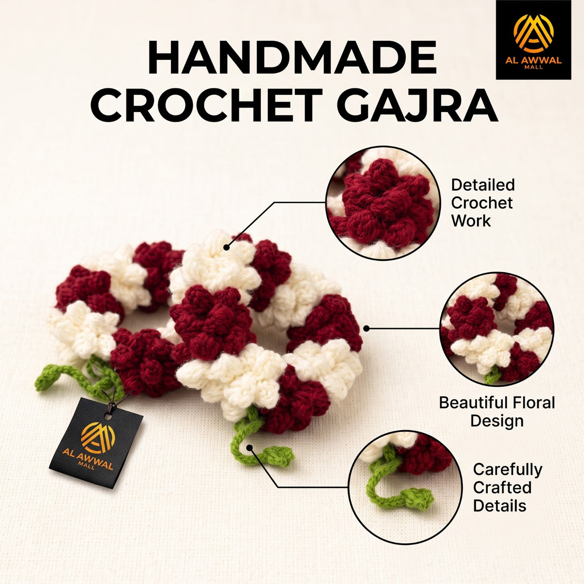 Handmade Crochet Maroon and White Floral Bridal Gajra for Women