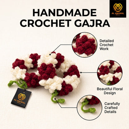 Handmade Crochet Maroon and White Floral Bridal Gajra for Women