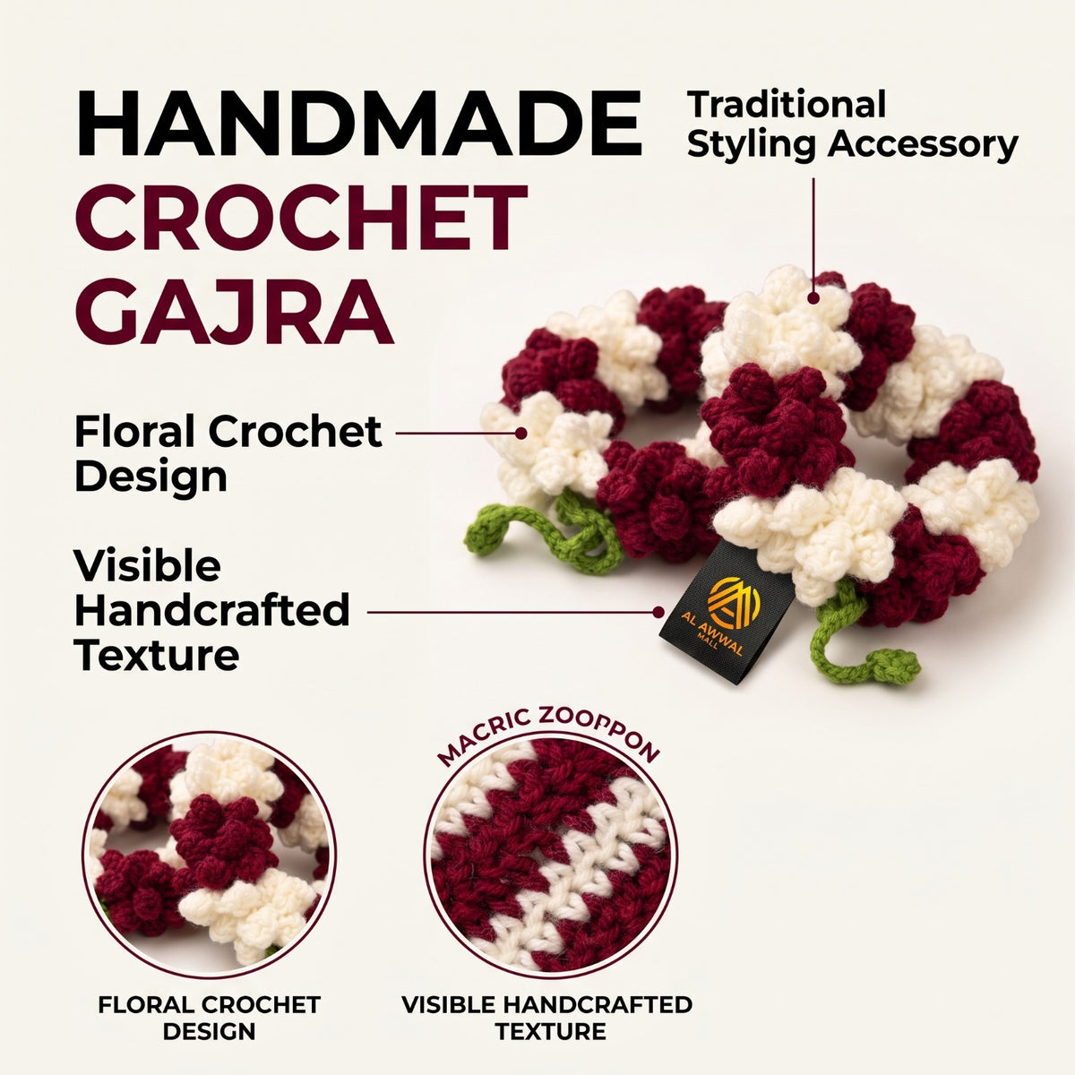 Handmade Crochet Maroon and White Floral Bridal Gajra for Women