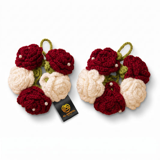 Handmade Crochet White and Maroon Rose Bridal Gajra with Pearls and Green Leaves