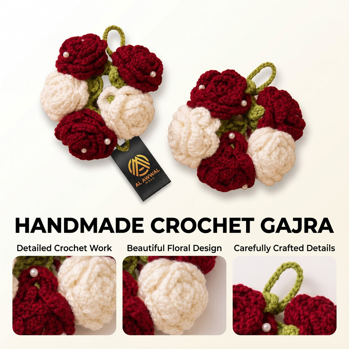 Handmade Crochet White and Maroon Rose Bridal Gajra with Pearls and Green Leaves