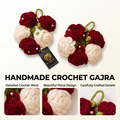 Handmade Crochet White and Maroon Rose Bridal Gajra with Pearls and Green Leaves