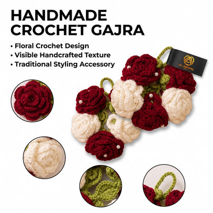Handmade Crochet White and Maroon Rose Bridal Gajra with Pearls and Green Leaves