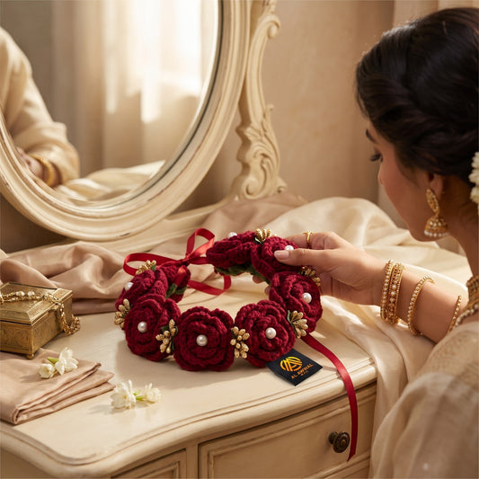 Handmade Crochet Maroon Floral Bridal Gajra with Golden Details and Pearls