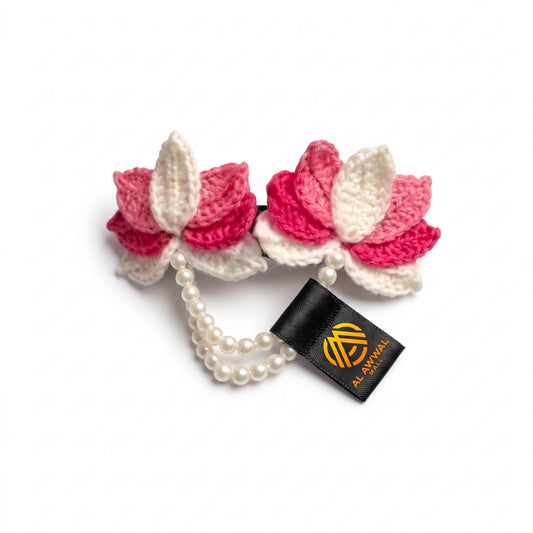 Handmade Crochet Pink and White Floral Hair Clip with Pearl Chains
