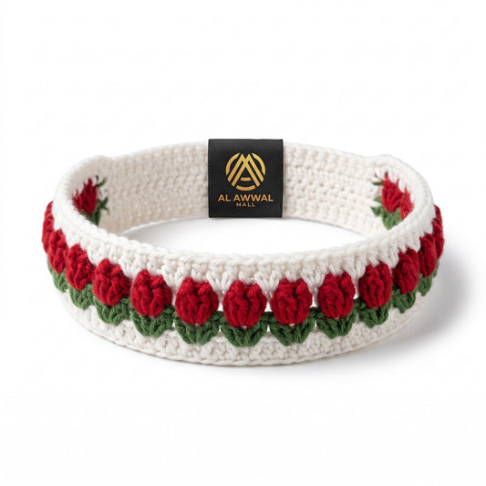 Handmade Crochet Hair Band with Red Tulip Flowers and Green Leaves