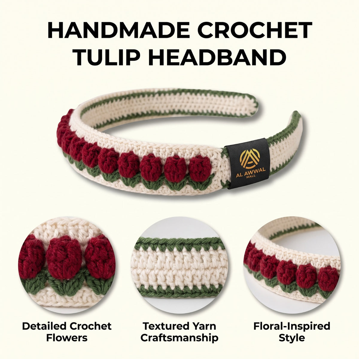 Handmade Crochet Hair Band with Red Tulip Flowers and Green Leaves