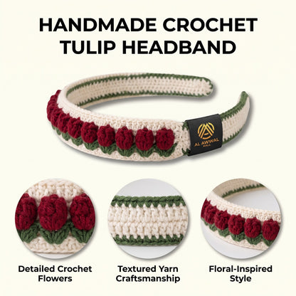 Handmade Crochet Hair Band with Red Tulip Flowers and Green Leaves
