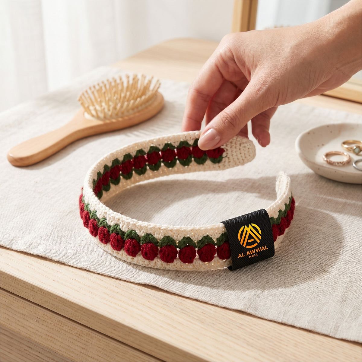 Handmade Crochet Hair Band with Red Tulip Flowers and Green Leaves