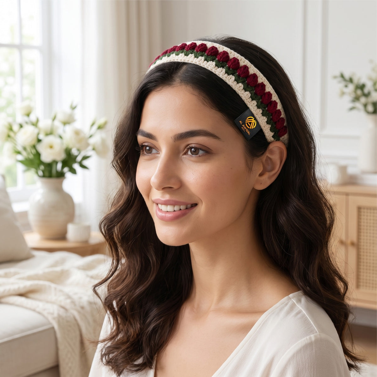 Handmade Crochet Hair Band with Red Tulip Flowers and Green Leaves