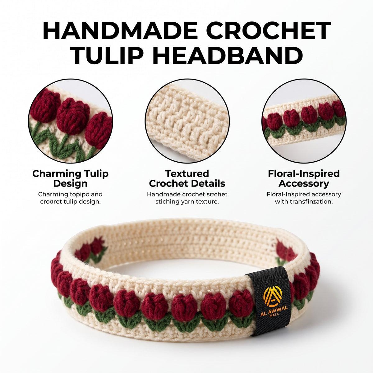 Handmade Crochet Hair Band with Red Tulip Flowers and Green Leaves