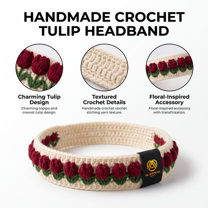 Handmade Crochet Hair Band with Red Tulip Flowers and Green Leaves