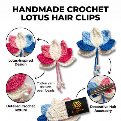 Handmade Crochet Floral Hair Pins with Pearl Bead Hangings in Pink, White and Blue