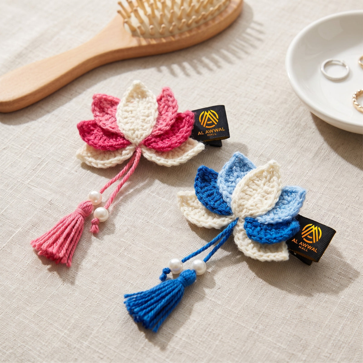 Handmade Crochet Floral Hair Pins with Pearl Bead Hangings in Pink, White and Blue
