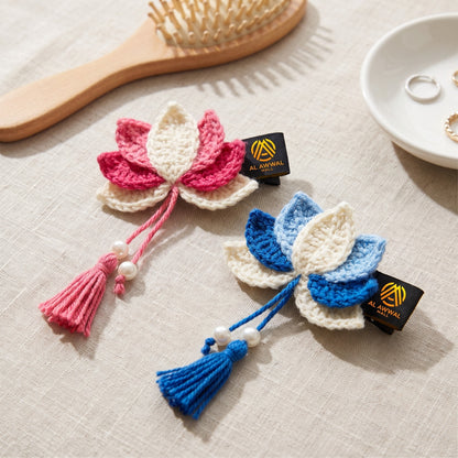 Handmade Crochet Floral Hair Pins with Pearl Bead Hangings in Pink, White and Blue