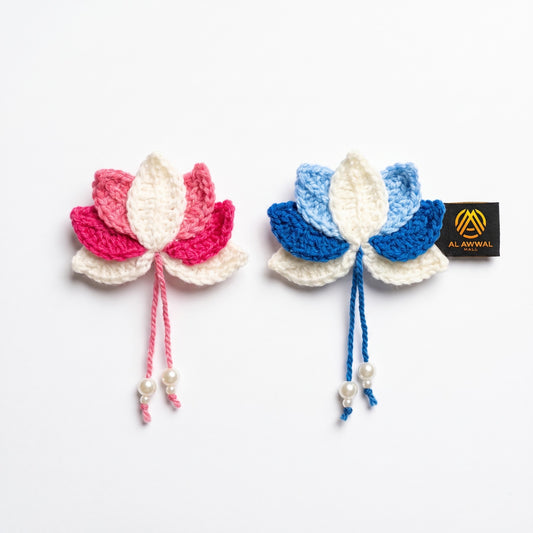 Handmade Crochet Floral Hair Pins with Pearl Bead Hangings in Pink, White and Blue