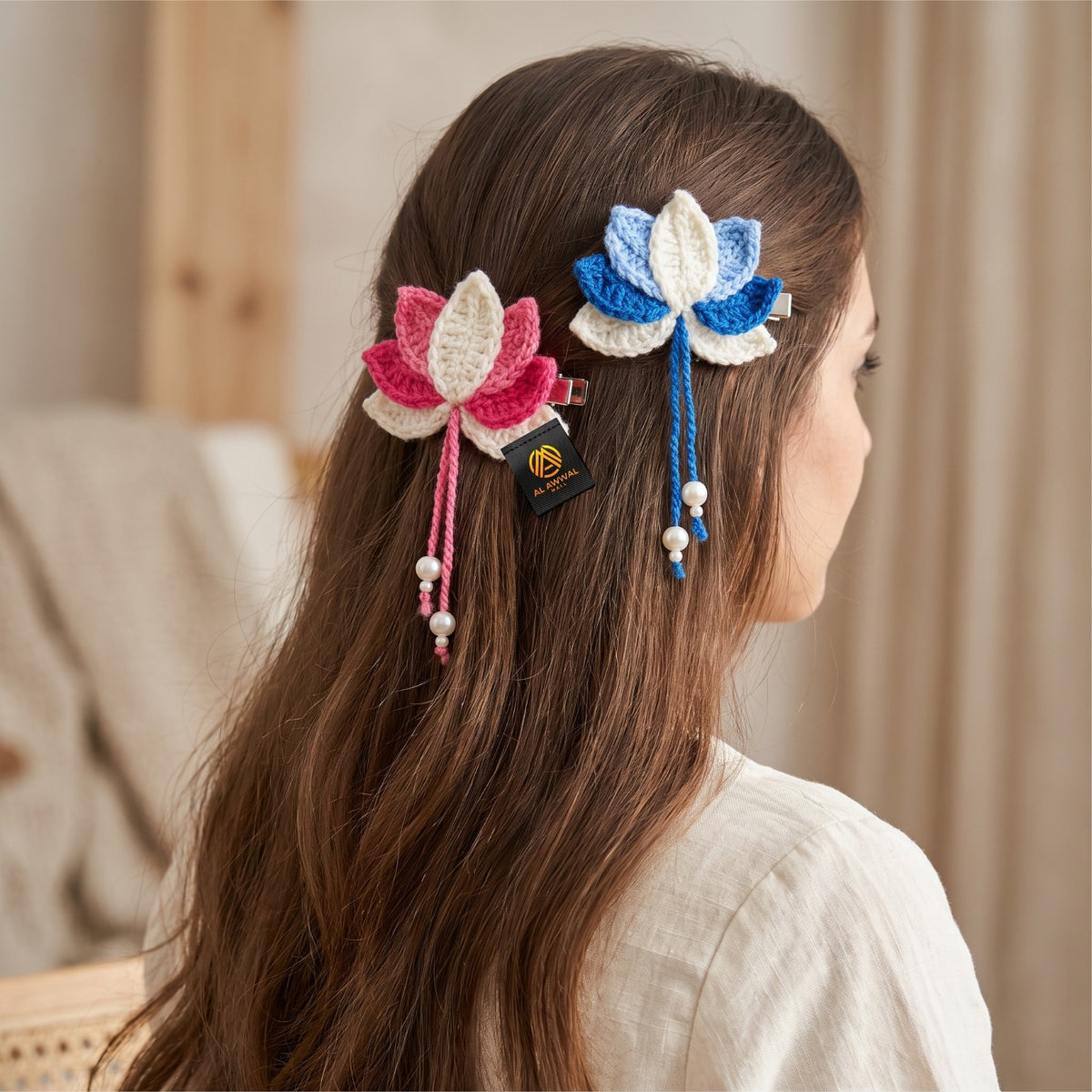 Handmade Crochet Floral Hair Pins with Pearl Bead Hangings in Pink, White and Blue