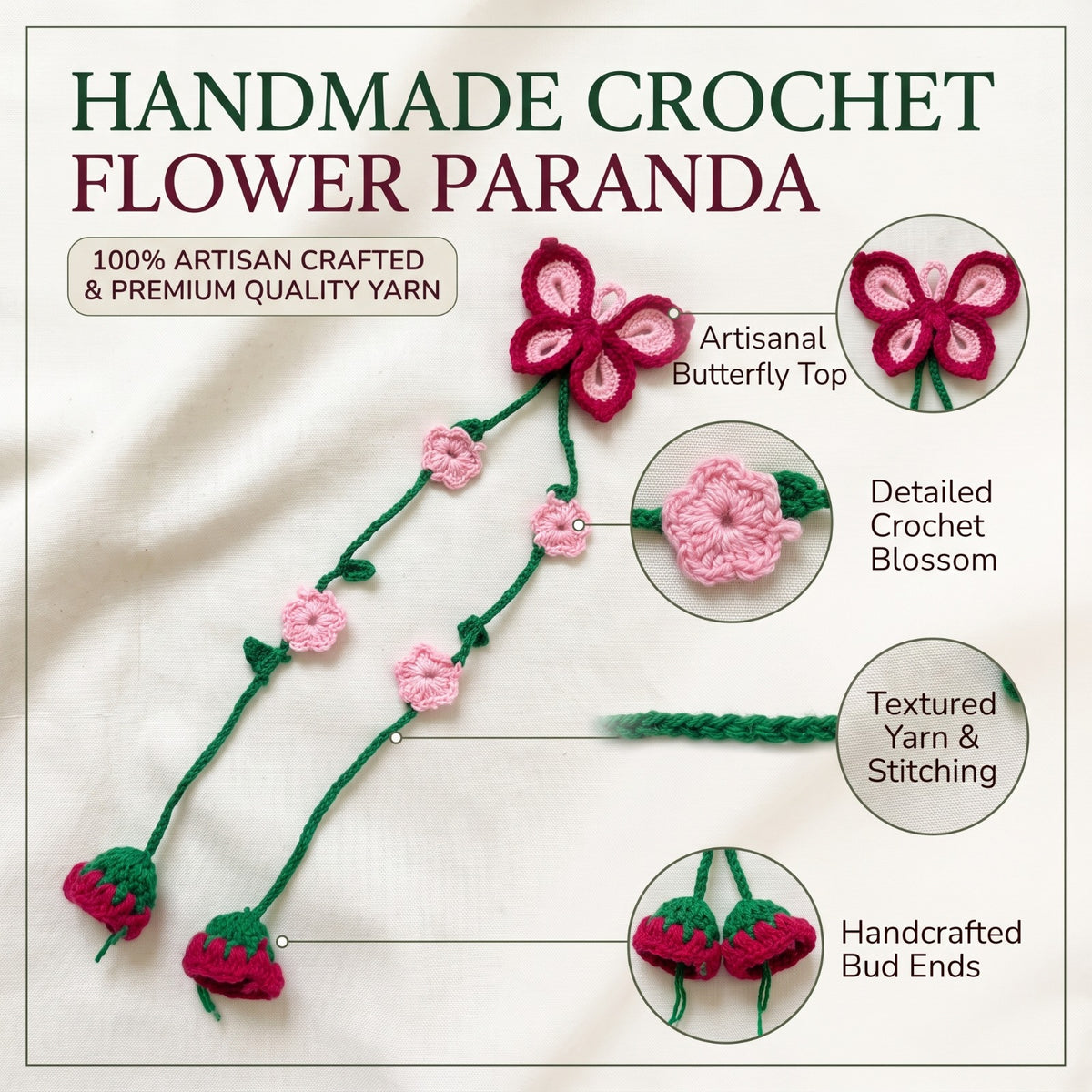Handmade Crochet Paranda with Butterfly and Pink Red Floral Design