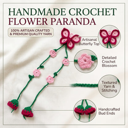 Handmade Crochet Paranda with Butterfly and Pink Red Floral Design