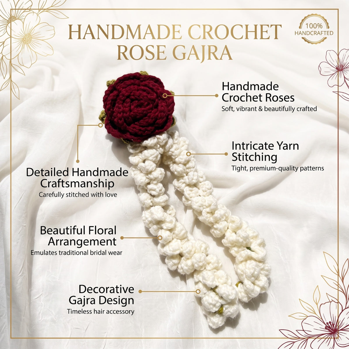 Handmade Crochet White Jasmine Flower Gajra with Red Rose Hair Accessory