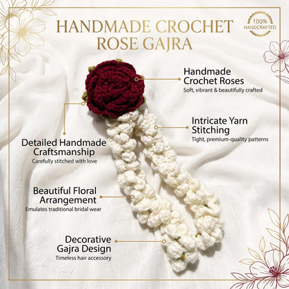 Handmade Crochet White Jasmine Flower Gajra with Red Rose Hair Accessory