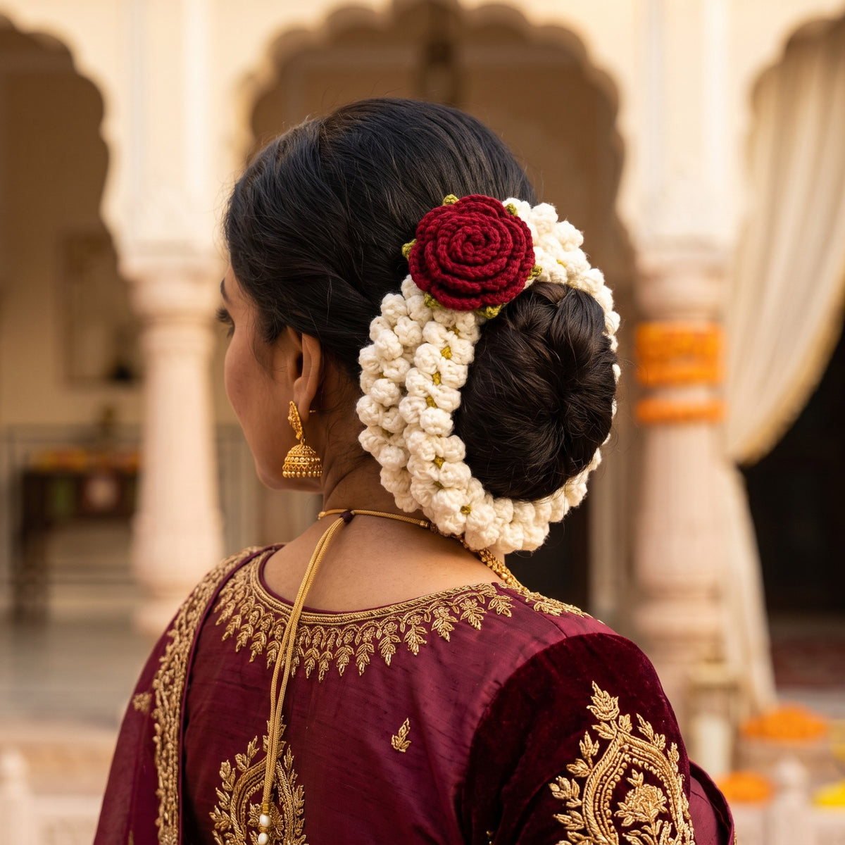 Handmade Crochet White Jasmine Flower Gajra with Red Rose Hair Accessory