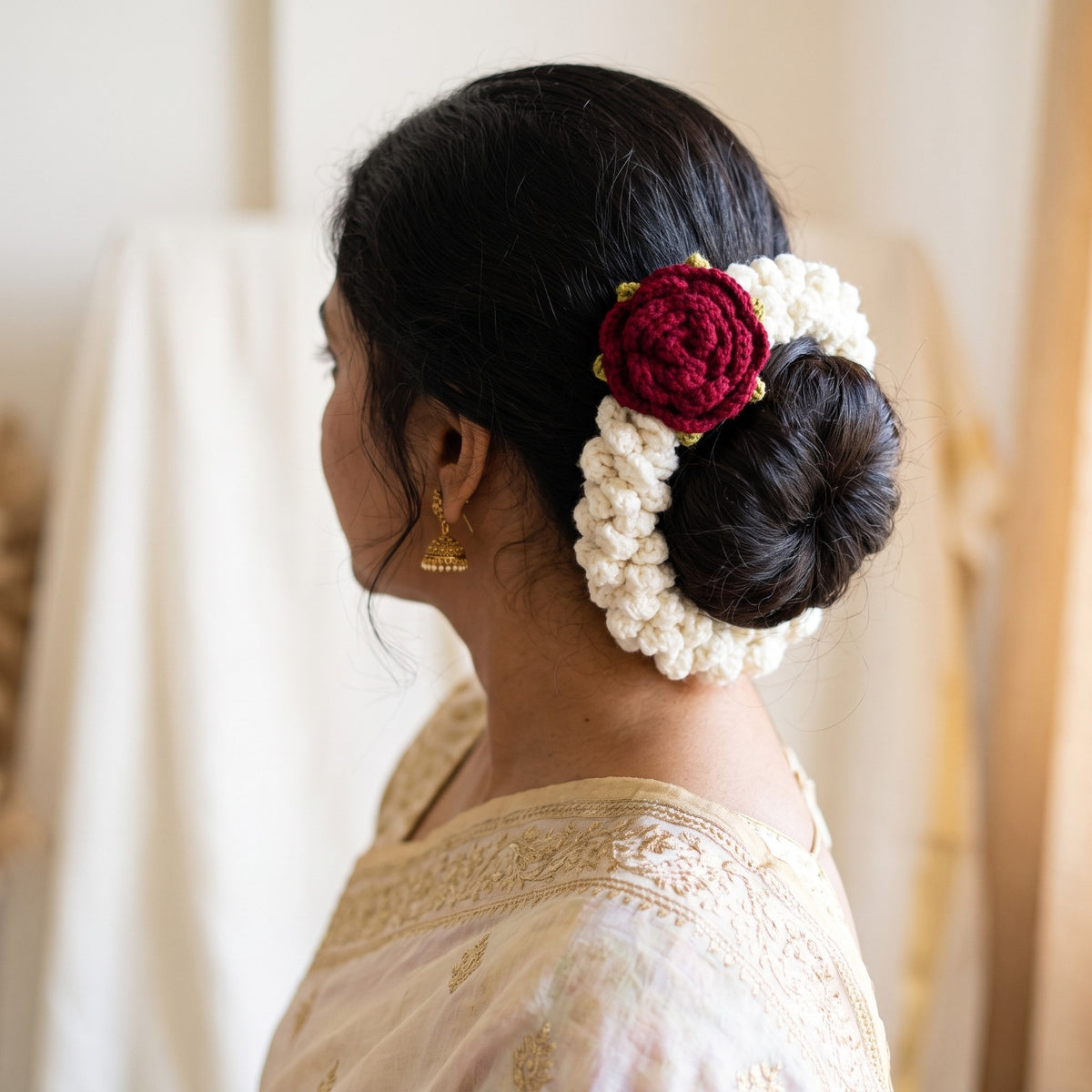 Handmade Crochet White Jasmine Flower Gajra with Red Rose Hair Accessory