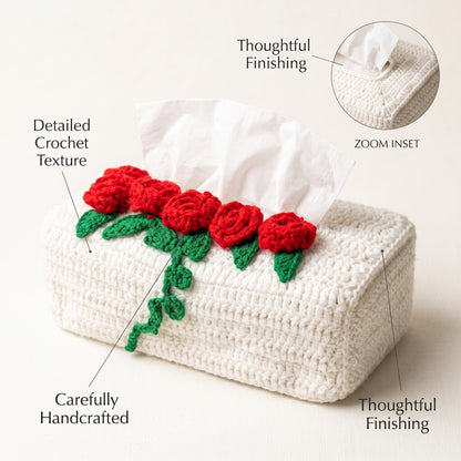 Handmade Crochet Tissue Box Cover with Red Roses and Green Details
