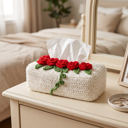 Handmade Crochet Tissue Box Cover with Red Roses and Green Details