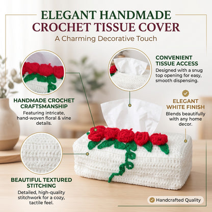 Handmade Crochet Tissue Box Cover with Red Roses and Green Details