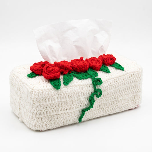Handmade Crochet Tissue Box Cover with Red Roses and Green Details