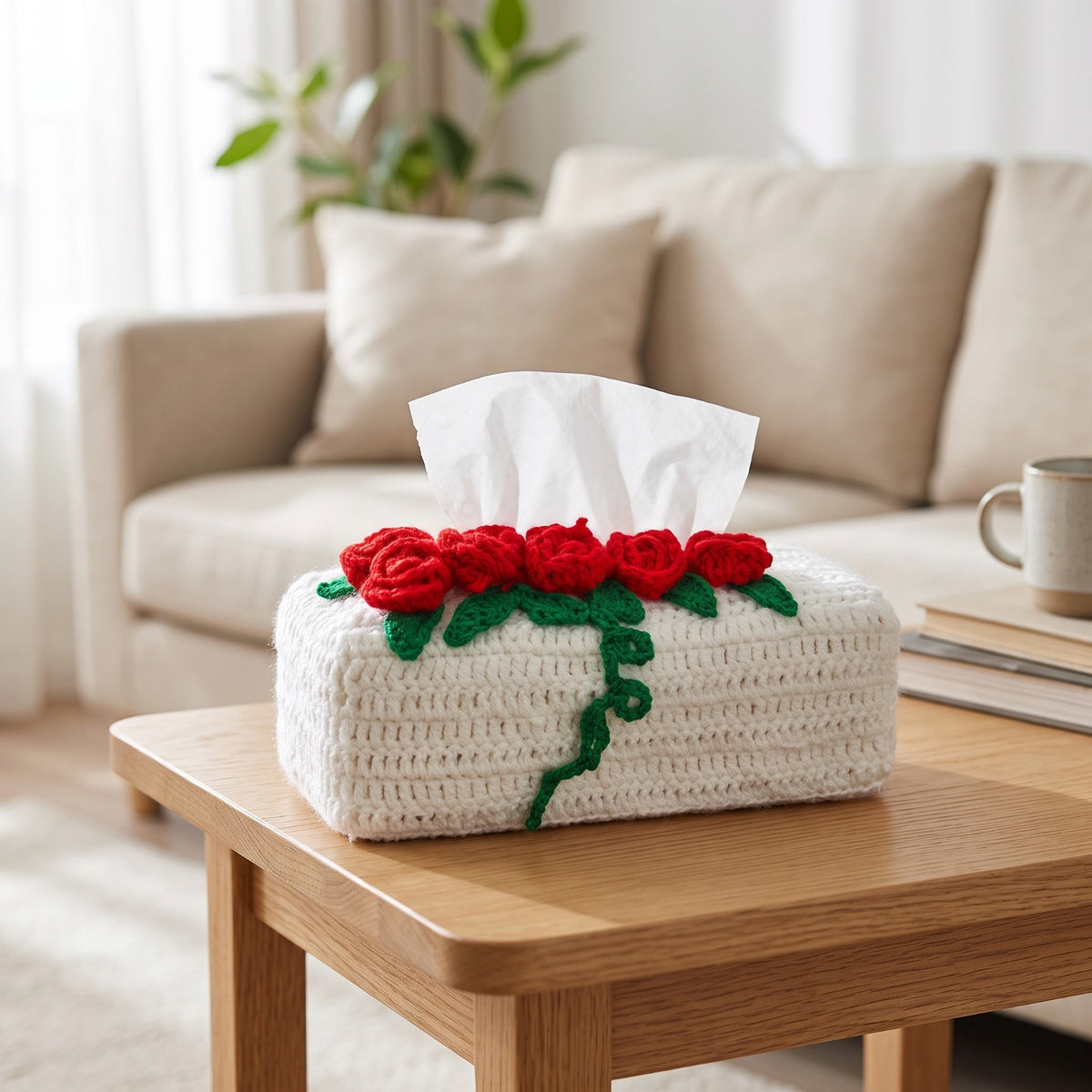 Handmade Crochet Tissue Box Cover with Red Roses and Green Details