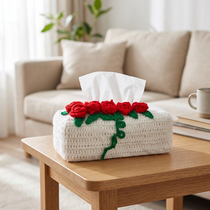 Handmade Crochet Tissue Box Cover with Red Roses and Green Details