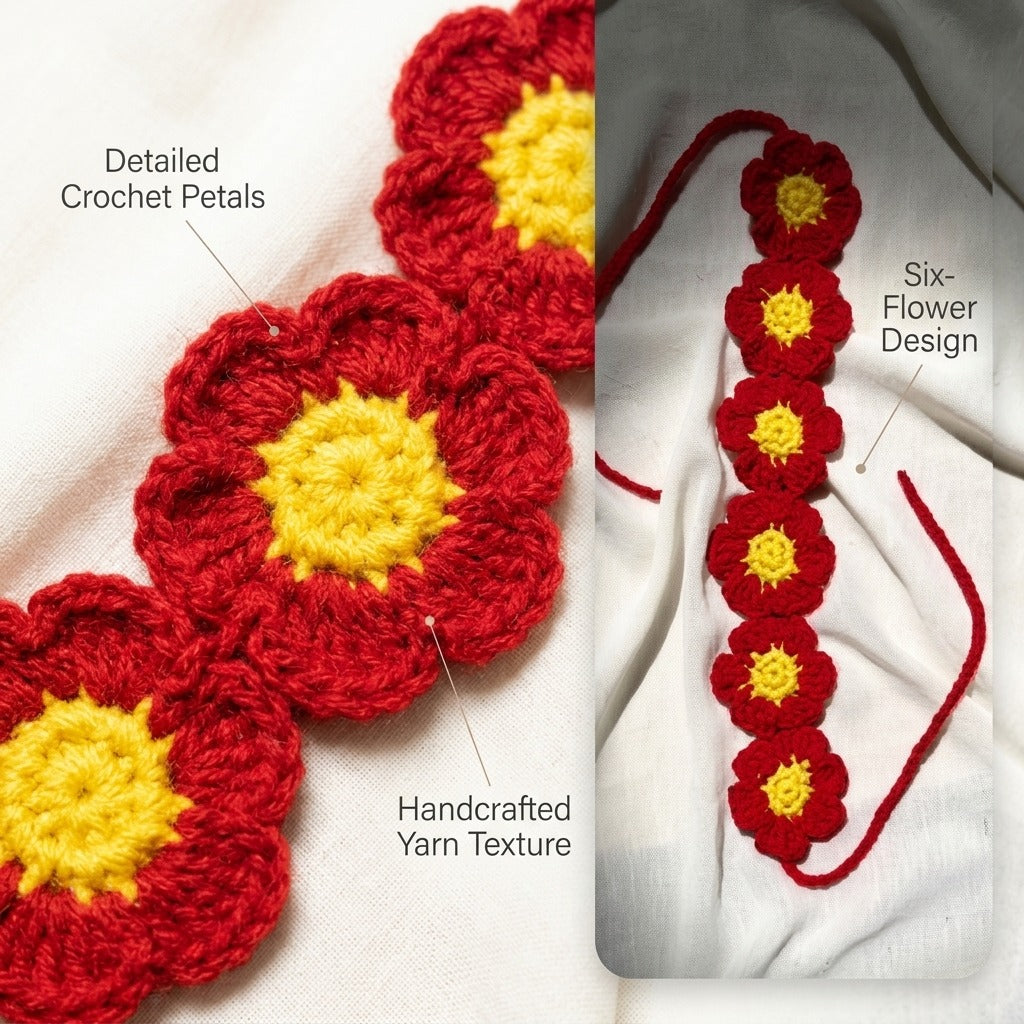 Handmade Crochet Daisy Flower Hair Band in Red and Yellow Details