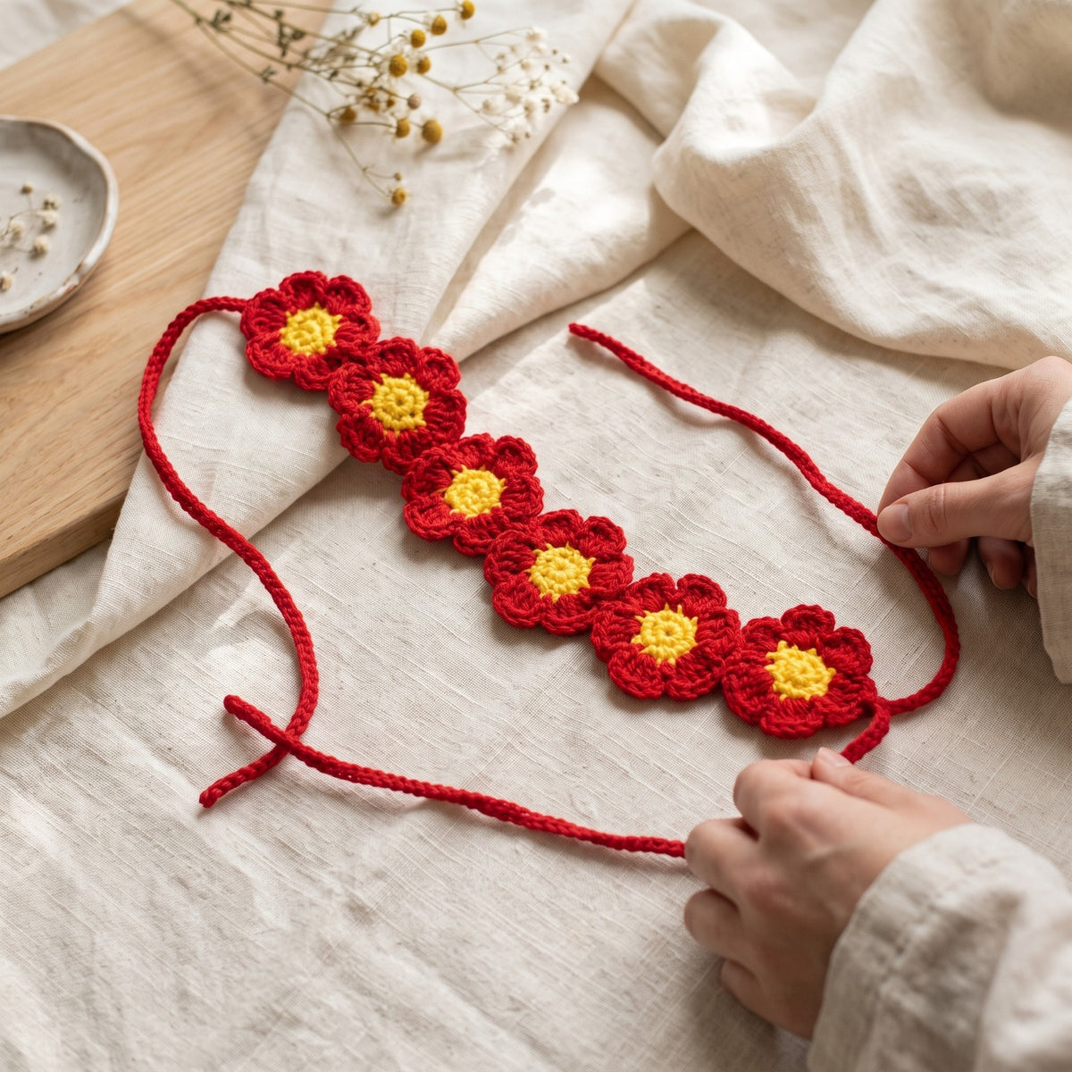 Handmade Crochet Daisy Flower Hair Band in Red and Yellow Details