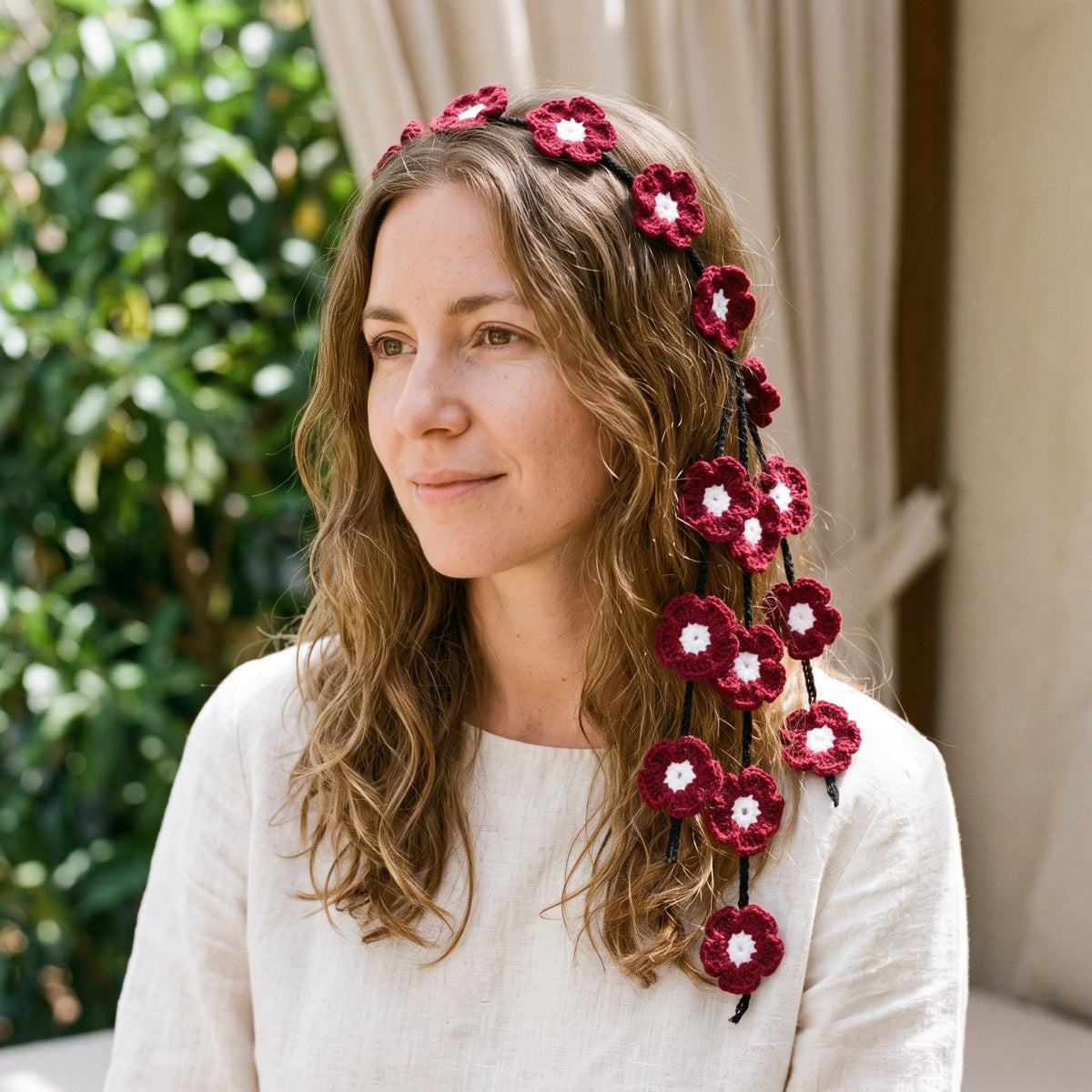 Handmade Crochet Maroon Floral Headband with White Flower Details and Three Hanging Strands