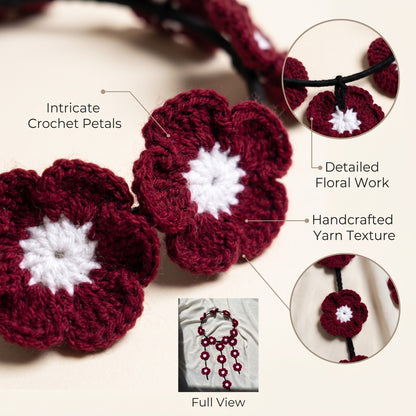 Handmade Crochet Maroon Floral Headband with White Flower Details and Three Hanging Strands