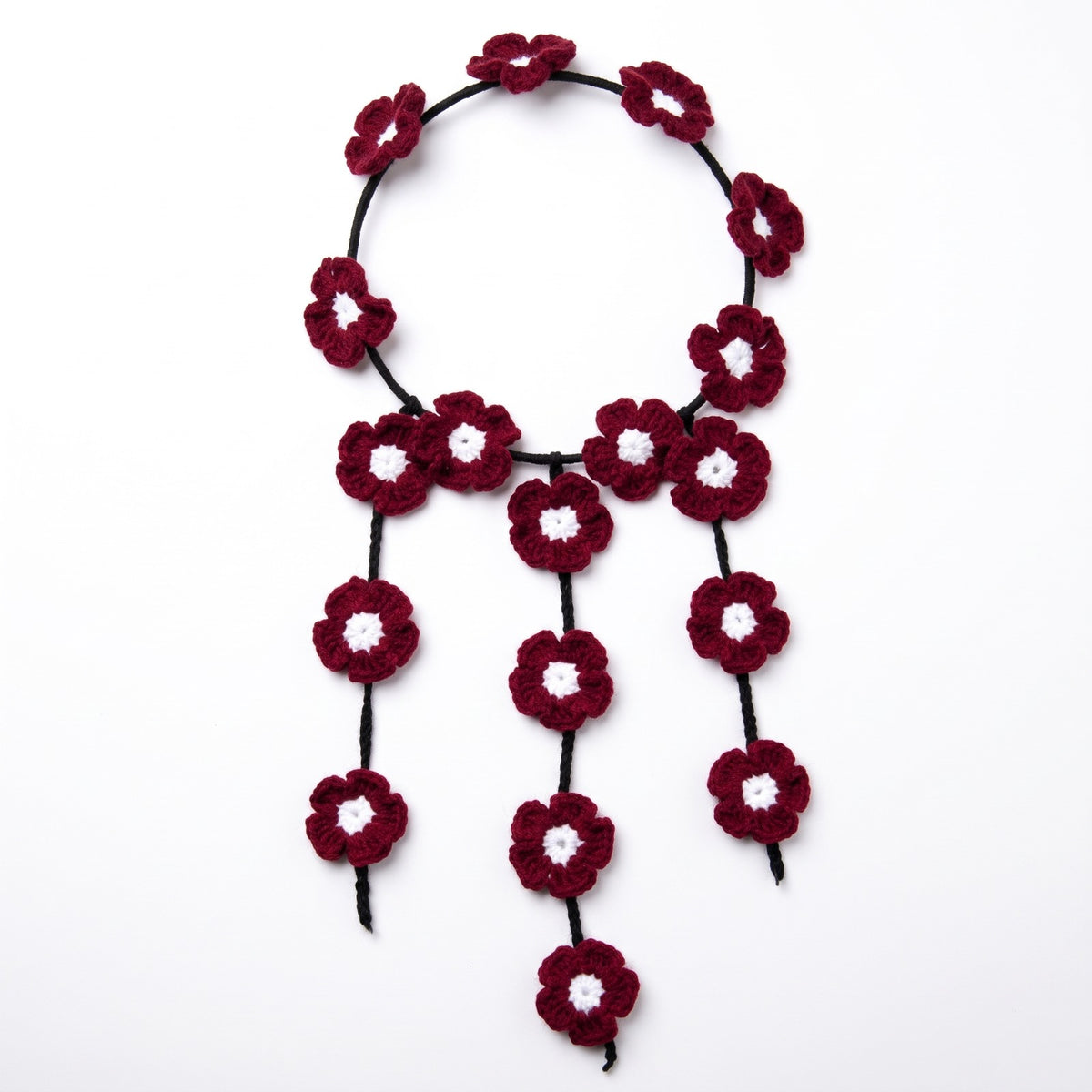 Handmade Crochet Maroon Floral Headband with White Flower Details and Three Hanging Strands