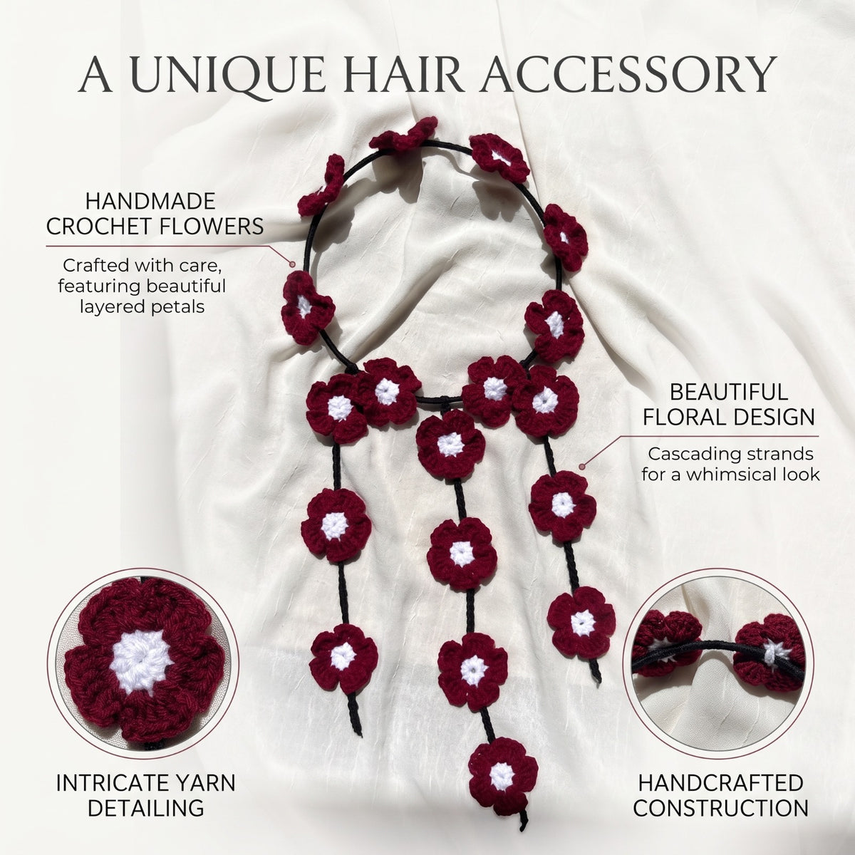 Handmade Crochet Maroon Floral Headband with White Flower Details and Three Hanging Strands