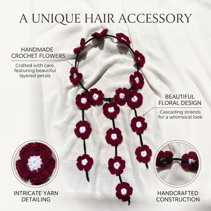 Handmade Crochet Maroon Floral Headband with White Flower Details and Three Hanging Strands