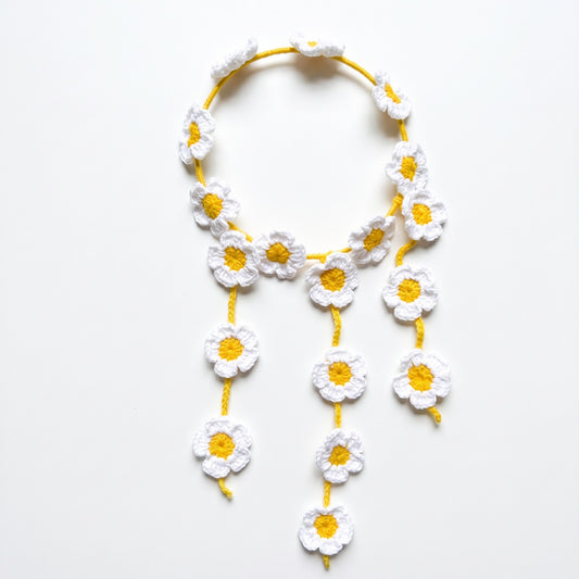 Handmade Crochet Daisy Flower Headband with Three Hanging Strands in Yellow and White