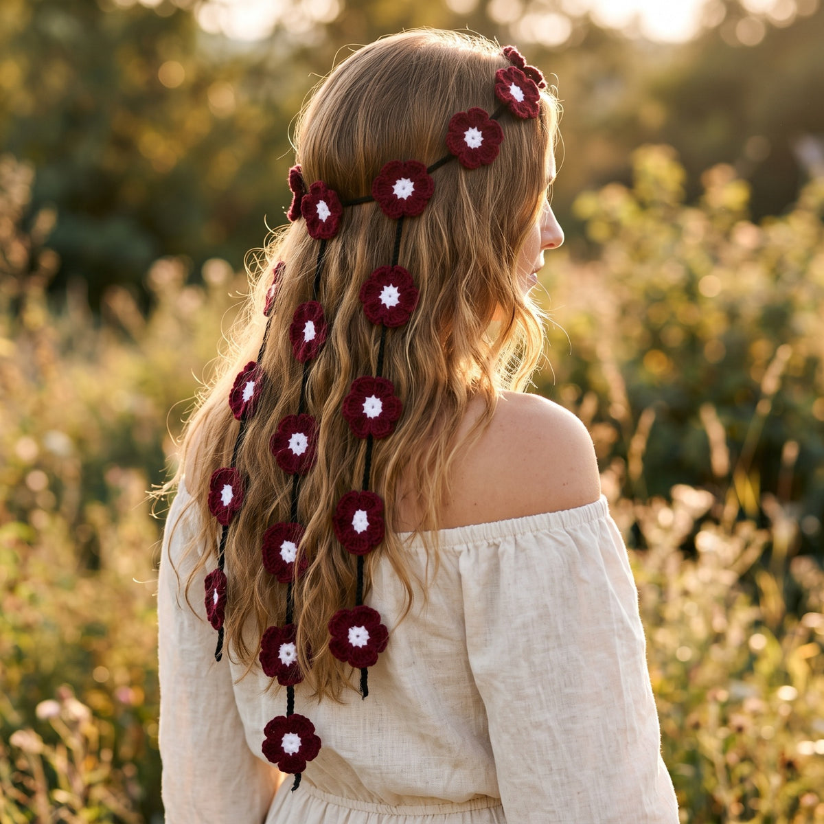 Handmade Crochet Maroon Floral Headband with White Flower Details and Three Hanging Strands