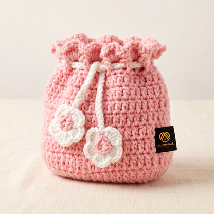 Handmade Crochet Pink Potli Bag with White Floral Details and Drawstring Cord