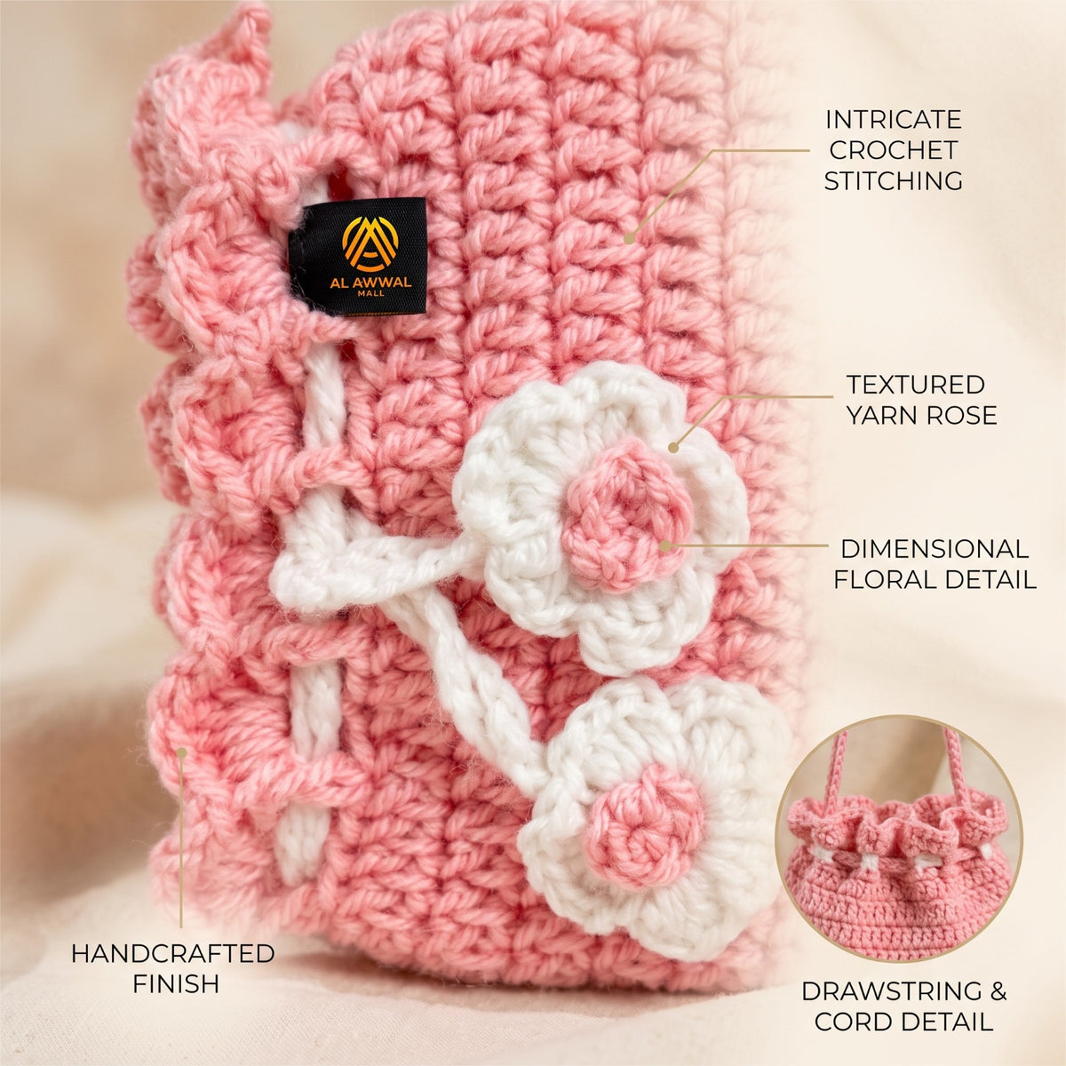 Handmade Crochet Pink Potli Bag with White Floral Details and Drawstring Cord