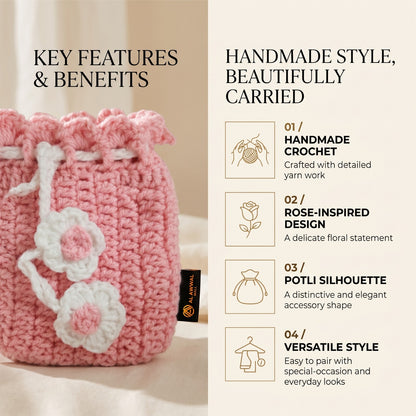 Handmade Crochet Pink Potli Bag with White Floral Details and Drawstring Cord