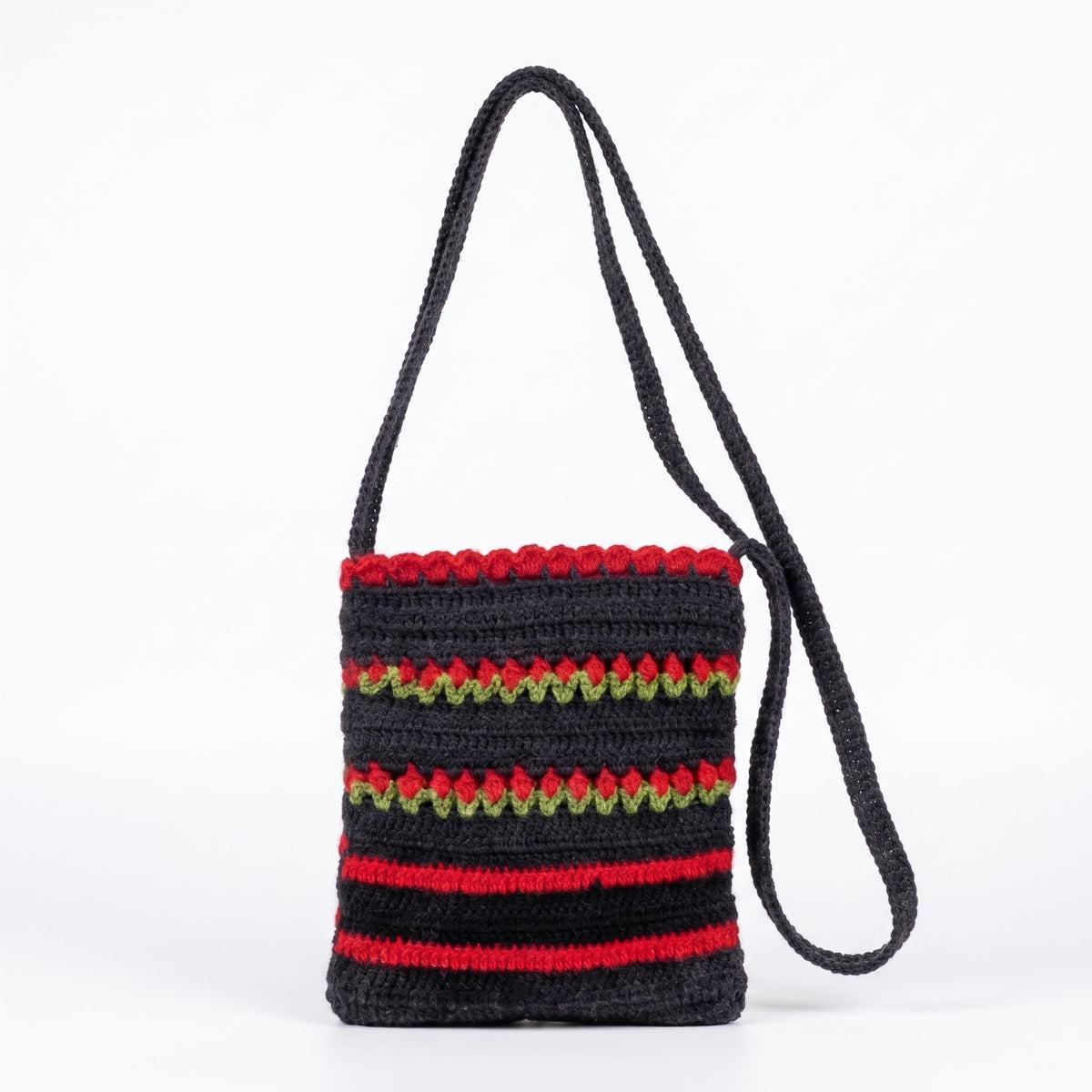 Black Floral Bag with Red Flower Details, Green Accents and Ruffled Opening