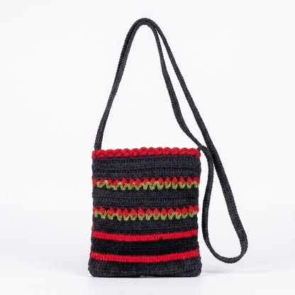 Black Floral Bag with Red Flower Details, Green Accents and Ruffled Opening